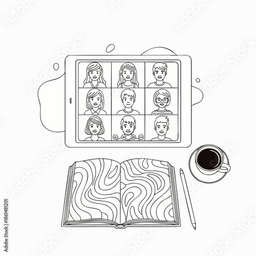 Virtual video conference on tablet with diverse participants, an open book, coffee, and stylus. Illustrates remote work, online education, and digital collaboration.