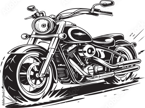 Bold monochrome illustration of a classic motorcycle on a white backdrop, showcasing its iconic design