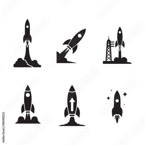 Black and white rocket ship icons set for design