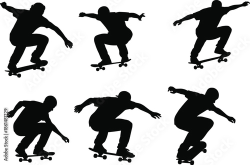 Black silhouettes of skateboarders performing tricks 4