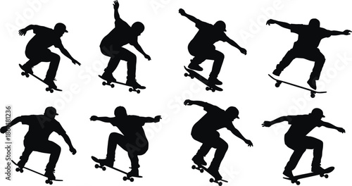 Black silhouettes of skateboarders performing tricks 2