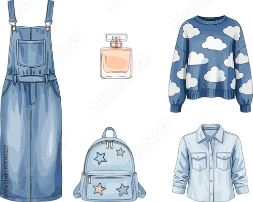 Blue clothing and accessories on white background blue overalls cloud sweater denim shirt