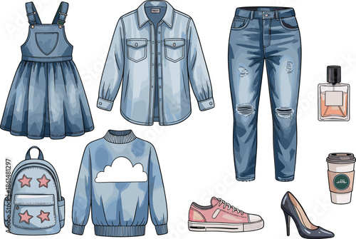 Blue clothing and accessories collection blue dress denim shirt jeans sweater backpack