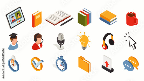 Set of isometric icons representing online education, learning, and digital communication concepts