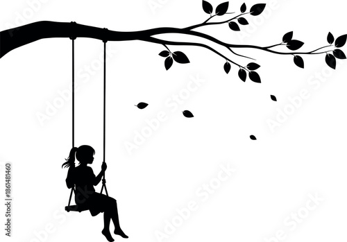 Silhouette of a girl sitting on a swing hanging from a tree branch with leaves