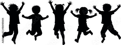 Silhouettes of happy children jumping in the air