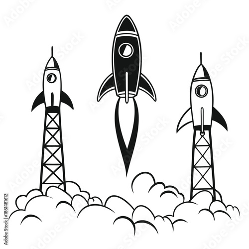 Black and white rocket ship icons set for design