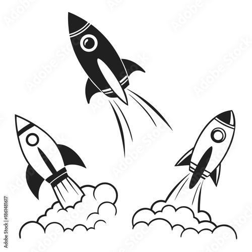 Black and white rocket ship icons set for design