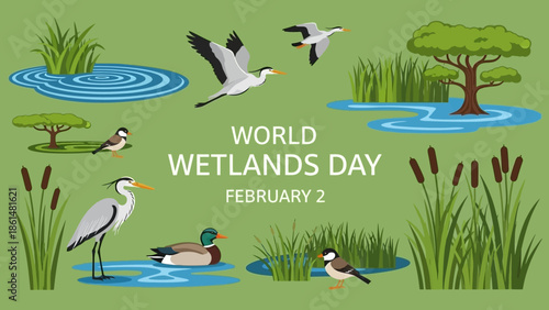 Colorful Green Wetland Scene with Ducks, Flying Storks, Small Birds, and Cattails, World Wetlands Day, in bright natural environment.