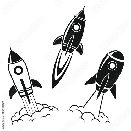 Black and white rocket ship icons set for design