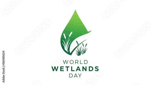 World Wetlands Day Green Water Droplet Logo Icon with Reeds, isolated white background.