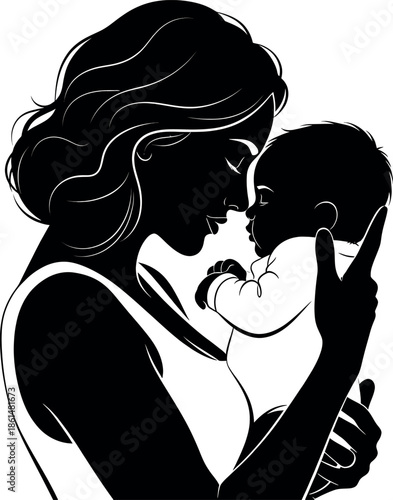 Silhouette of a mother tenderly kissing her baby on the cheek