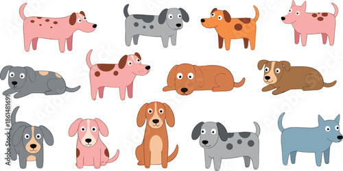 Cartoon dogs in various poses and colors animals pets 2 canines