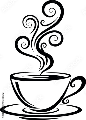 Black and white illustration of a steaming hot cup of coffee on a saucer