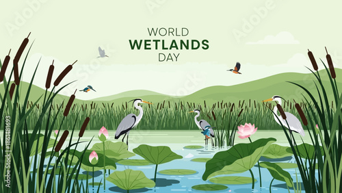 Vibrant Wetland Scene with Herons, Ducks, Flying Birds, and Water Lilies, World Wetlands Day, in bright natural environment.