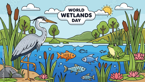 Colorful Cartoon Wetland Scene with Heron, Frog, Fish, Cattails, World Wetlands Day, in bright studio.