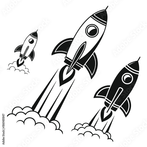 Black and white rocket ship icons set for design