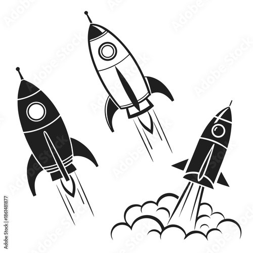 Black and white rocket ship icons set for design