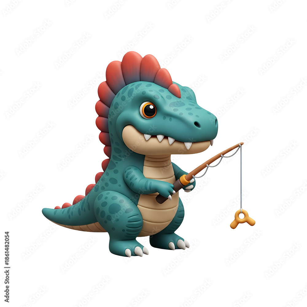 Fototapeta premium A cartoon dinosaur is fishing with a rod and hook in a playful scene