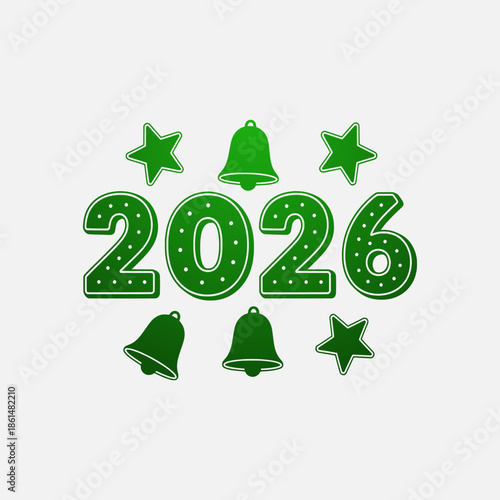 Illustration of green 2026 text with bells and stars on a white background