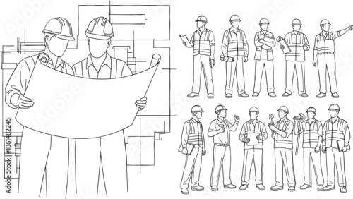 Construction workers in various poses with hard hats and vests engineers architects