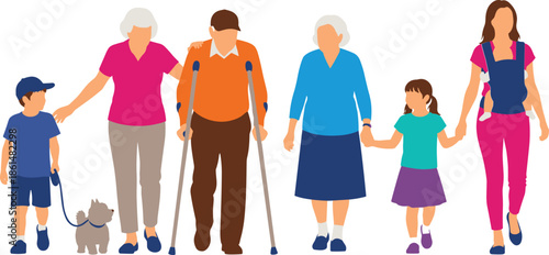 Family members of different ages walking together with dog and canes people children