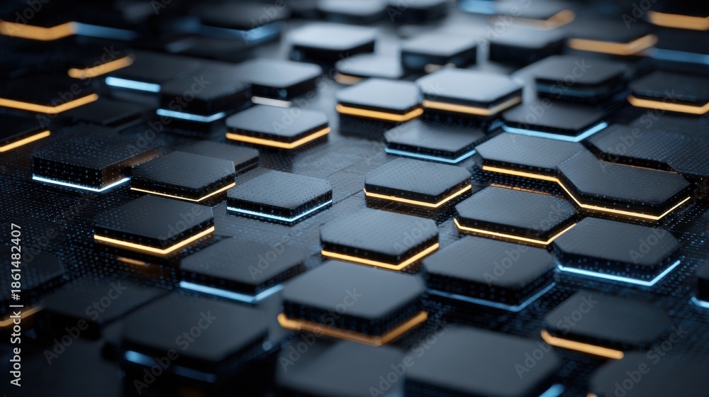 Obraz premium Concept of Ai Regulation With Structured Digital Geometry Showing Hexagonal Patterns and Contrasting Lines on a Dark Surface in a Modern Style