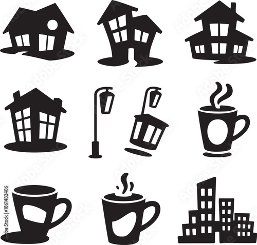 Simple black and white icons depicting houses coffee and city elements