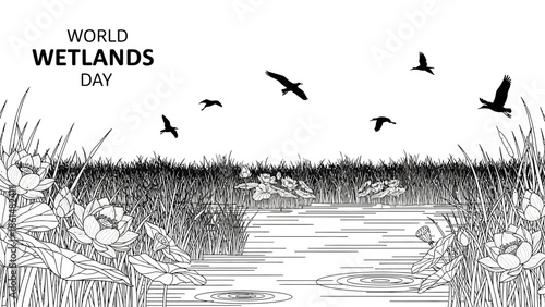 Black and White Wetland Silhouette with Flying and Swimming Ducks and Reeds on Isolated White Background