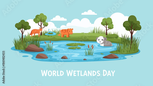Cheerful World Wetlands Day Cartoon Animals Playing in a Pond with Trees and Rocks