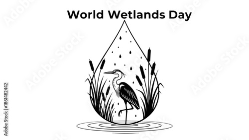 Stylized Heron in Black and White Water Droplet Design for World Wetlands Day on Isolated White Background
