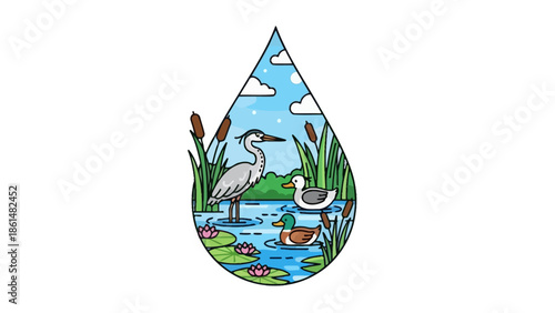Symbolic World Wetlands Day Concept with Heron, Duck, and Water Lilies in a Water Droplet on Isolated White Background