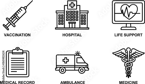Medical including vaccination syringe hospital building life support monitor medical record clipboard ambulance vehicle and medicine symbol