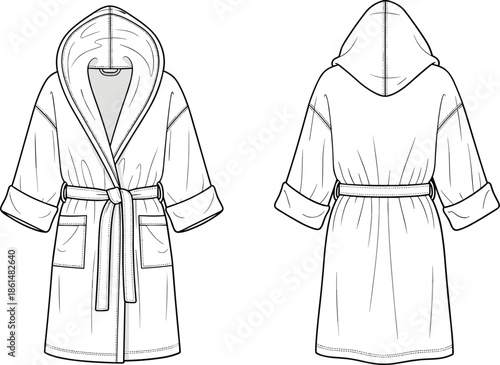 Line of white hooded bathrobe front and back line clothing 1