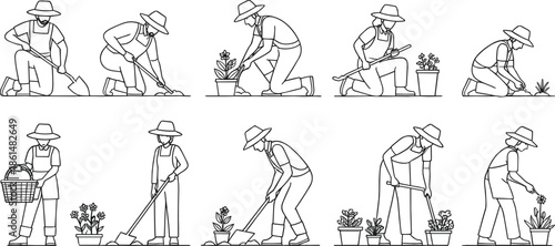 Line of people gardening with various tools and plants gardeners potted plants
