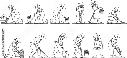 People gardening planting flowers with shovels and pots gardeners