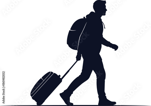 Man walking with luggage and backpack in dark silhouette