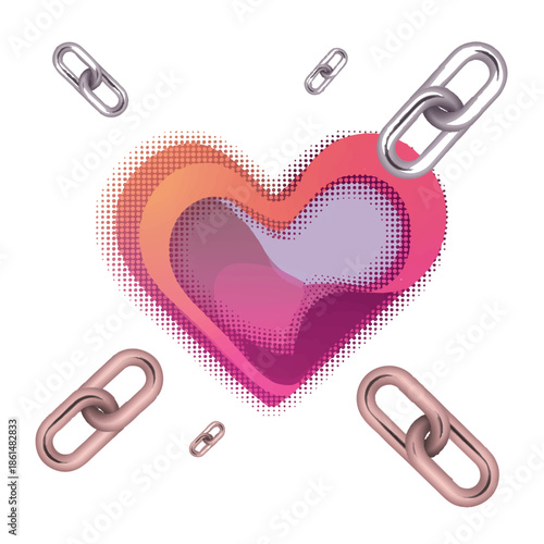 Vibrant heart symbol with metallic chains on white background