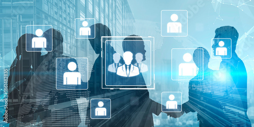 Concept of human resources and organizational structure. A professional team is shown within a corporate network, representing management, leadership, and collaboration. Fermion