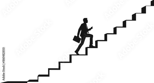 Silhouette of businessman climbing stairs with briefcase and phone steps 1