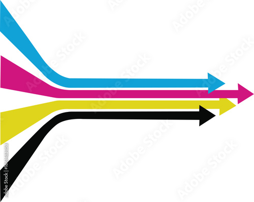 cmyk colored curved arrows flowing right in dynamic convergence pattern for business direction concept isolated on white background.