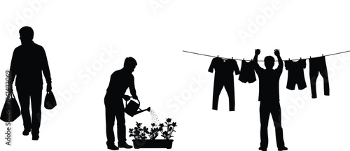 Silhouettes of people doing laundry and gardening watering plants