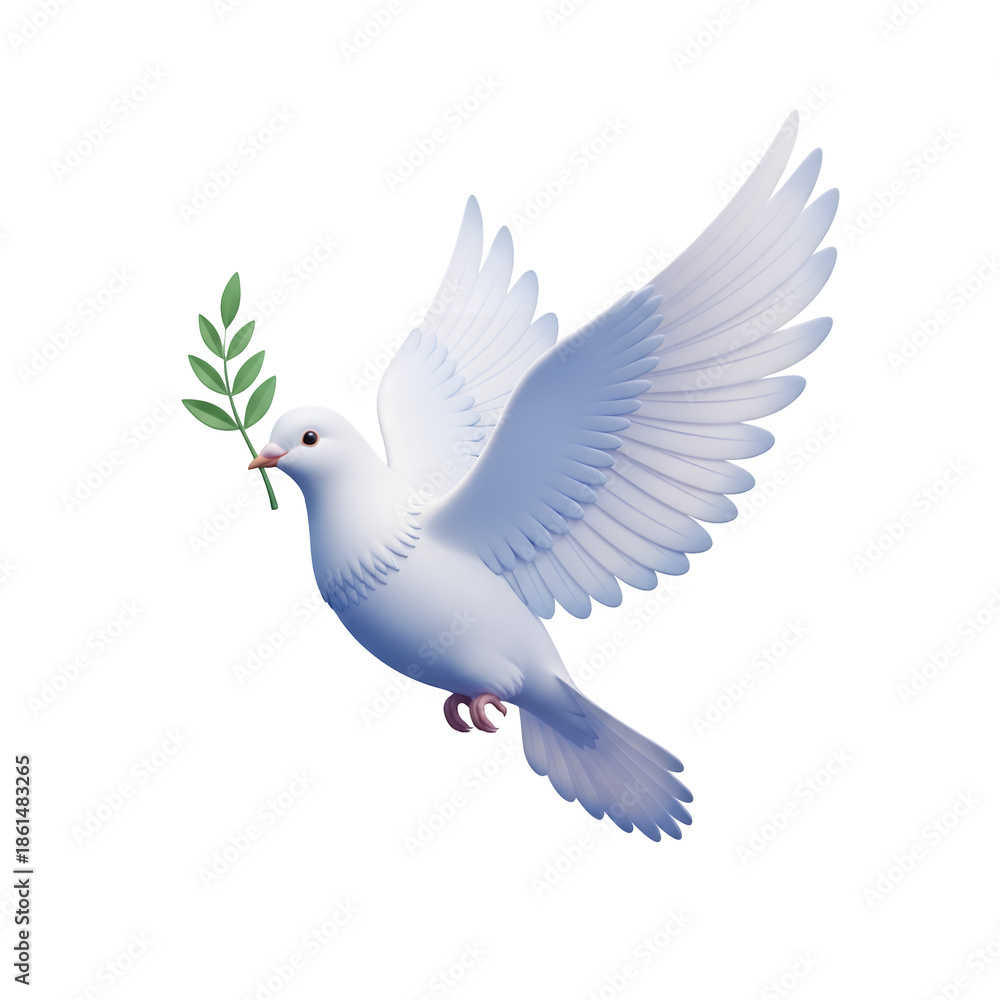 Fototapeta premium A white dove flying with an olive branch in its beak, symbolizing peace and harmony in a serene environment