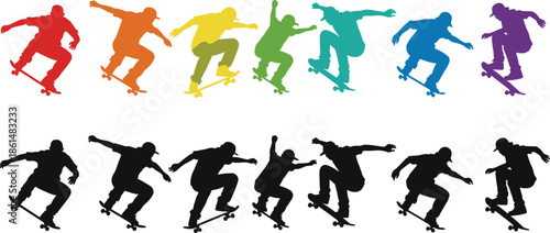 Skateboarders in colorful silhouettes performing tricks 2