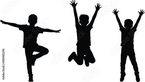 Silhouettes of three children jumping and posing against white background kids