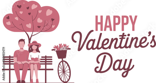 Valentine's Day with couple on bench under heart tree flowers