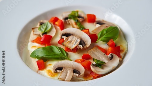 Delicious mini pizza with fresh mushrooms, vibrant red bell pepper, and aromatic basil leaves