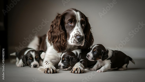 Different Dog breeds with puppies English Springer Spaniel