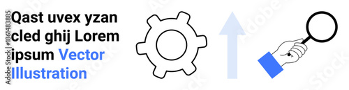 Progress tracking, technical analysis, optimization, solution development, research tools, innovation. A gear, upward arrow and magnifying glass icon are . Optimization and research concepts