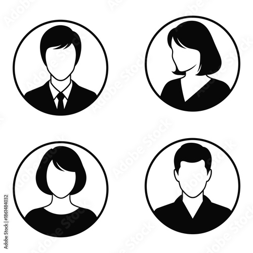 Four simple black and white profile icons depicting diverse people s faces